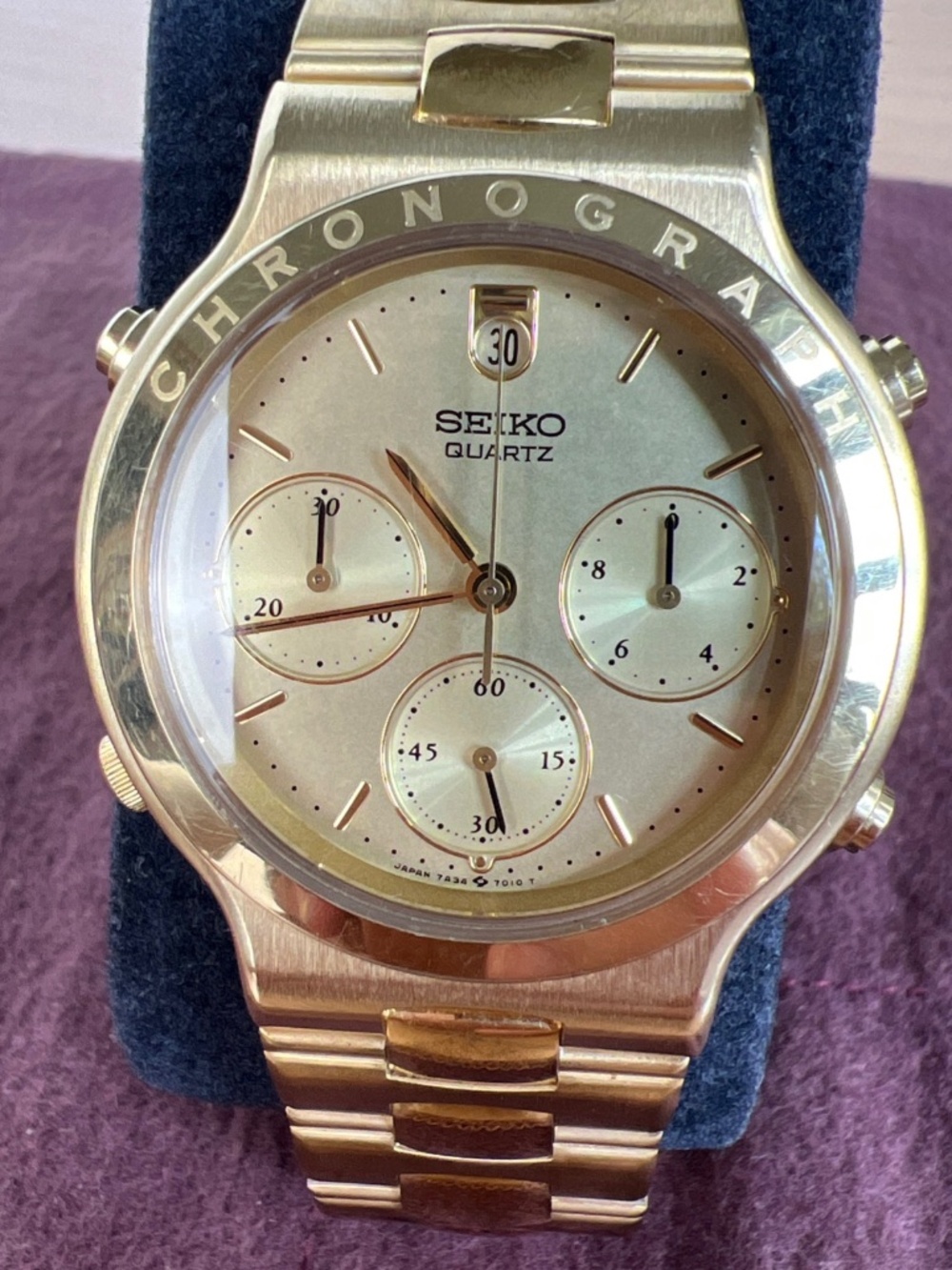 Vintage 1987 SEIKO Quartz Chronograph 7A34-7019 Gold Plated Wristwatch